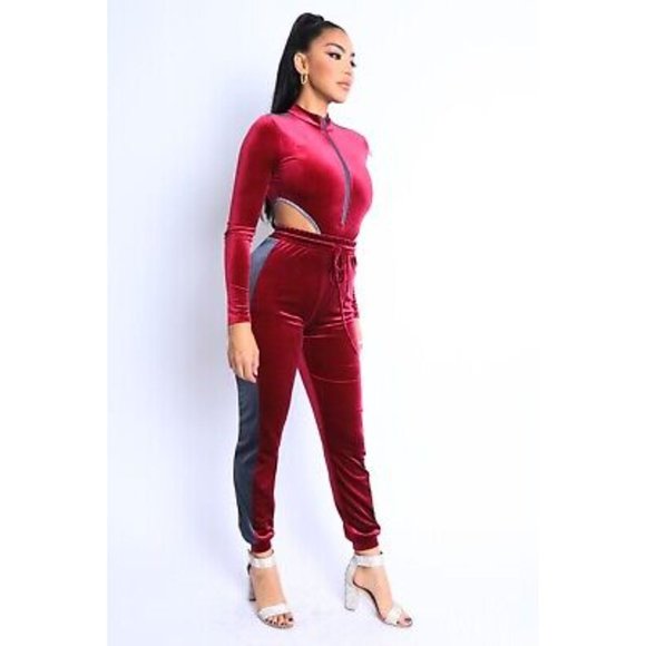 Women's Sexy Cute Velvet Bodysuit and Matching Jogger Pants 2 Piece Set S M L - Picture 5 of 11
